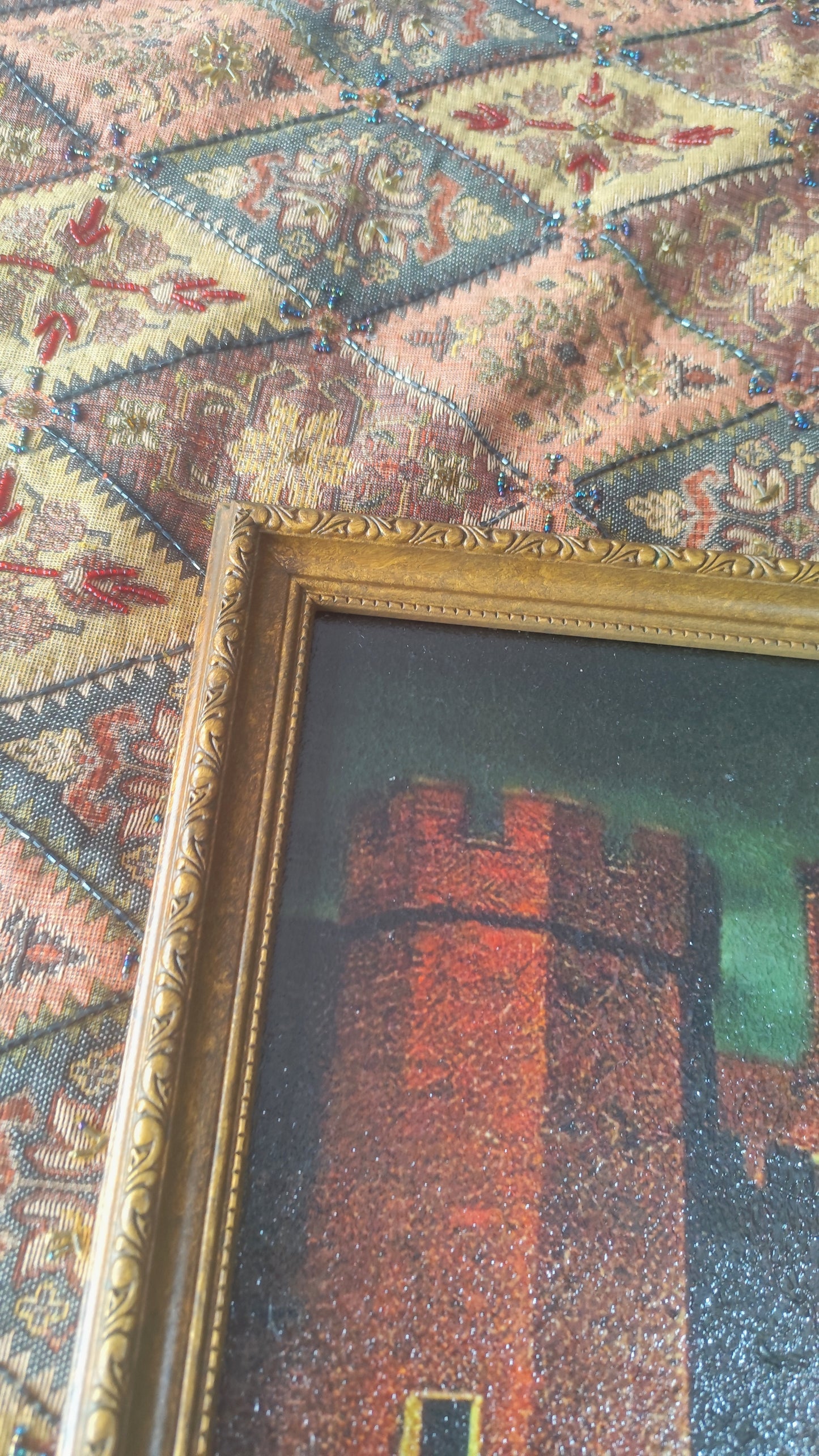 (3) Large Castle Painting in Antique Style Frame